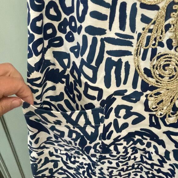 Lilly Pulitzer Carlotta Dress, Size 0 Indigo Home Slice Stretch Gold Casual - Picture 3 of 9